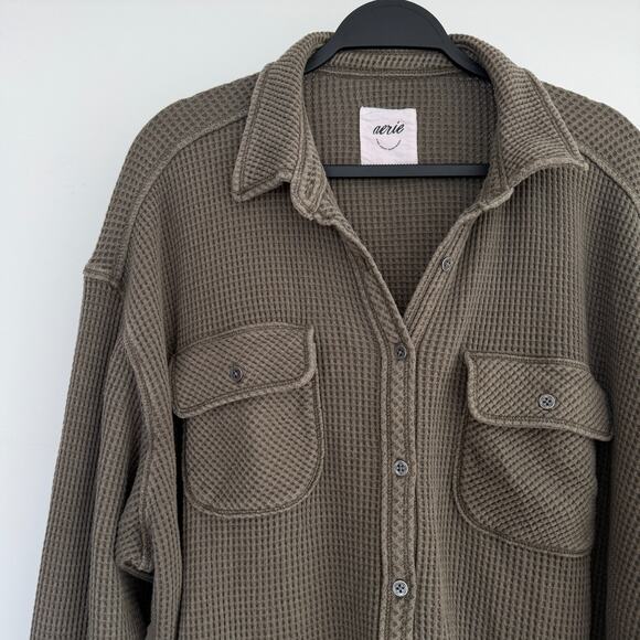 Aerie Lumberjane Waffle Shirt Small Olive Green Oversized Button Front Layer - Picture 2 of 9